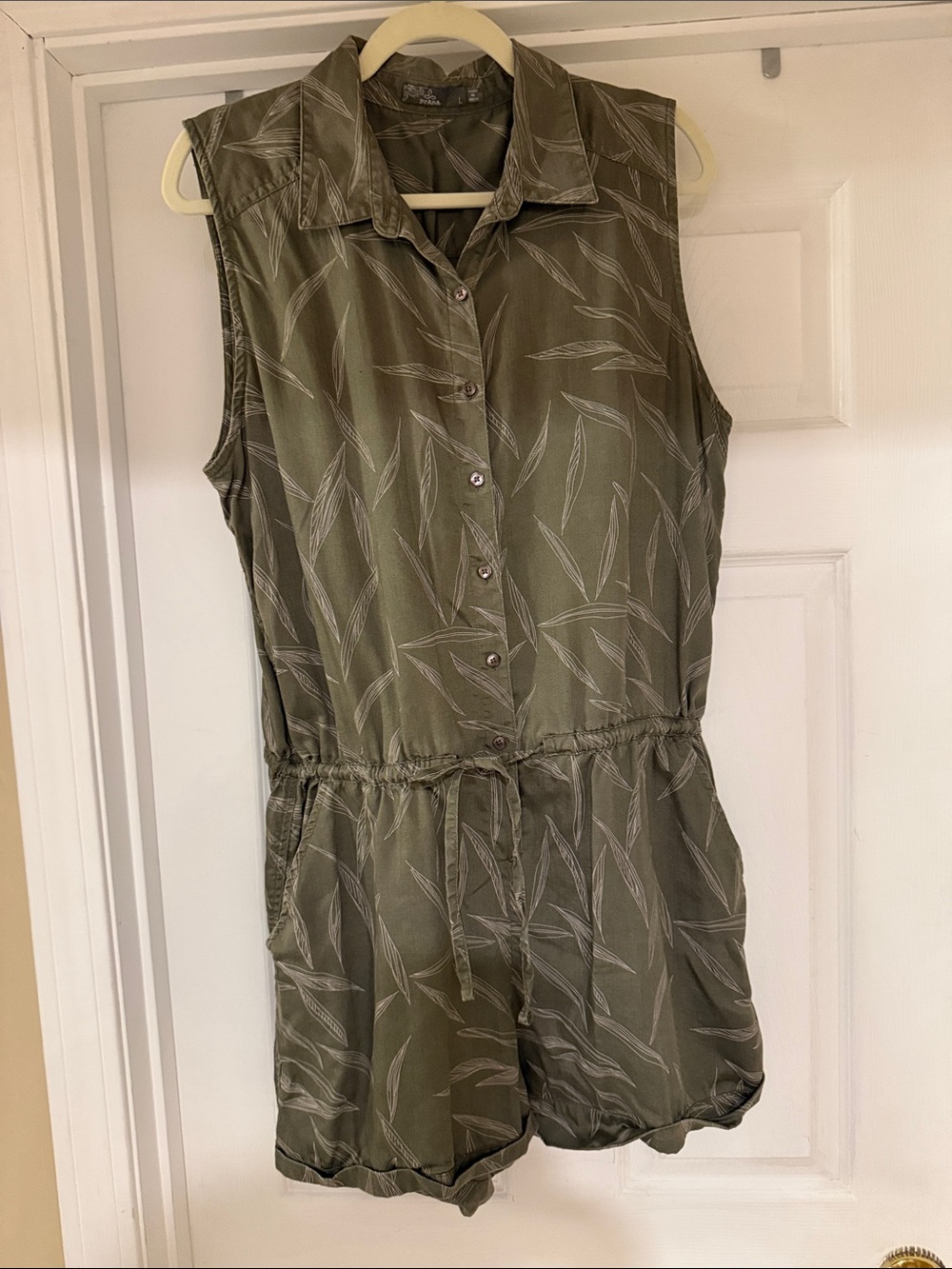 Prana Olive Sleeveless Button-Front Romper with Drawstring Waist